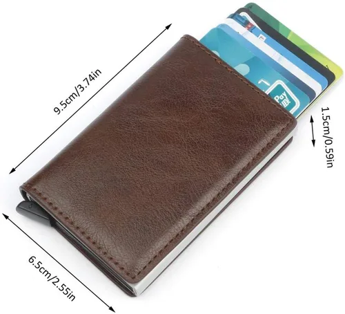 Vista 2 de CHJGLNL Cartera de cuero genuino para hombre, bloqueo RFID, de aluminio, automático, para tarjetas de crédito, café (A-Coffee), Slim