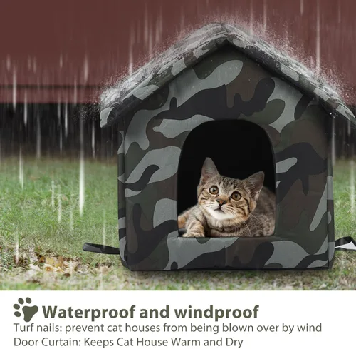 Vista 6 de Casa para gatos al aire libre para gatos al aire libre, casa para gatos para invierno, refugio plegable para gatos callejeros con alfombra, puerta