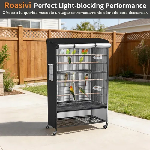 Vista 7 de Roasivi Funda universal grande para jaula de pájaros, cubierta negra y transpirable para loros y otros animales pequeños, material impermeable