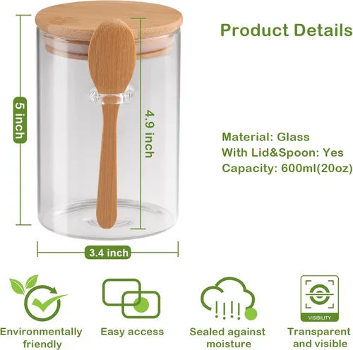 Vista 2 de Juego de 3 tarros de vidrio herméticos con tapas y cucharas de bambú, recipientes de vidrio de borosilicato decorativos y duraderos de 20 onzas