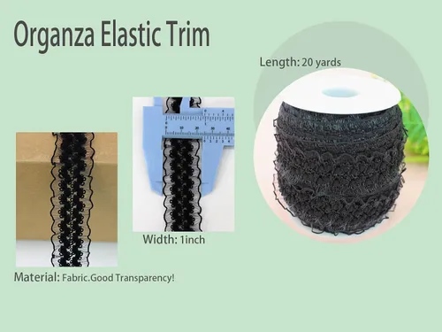 Vista 3 de Cinta de encaje elástica negra con volantes de 20 yardas para coser de 1 pulgada de organza de doble onda, ajuste de encaje, ropa y ropa