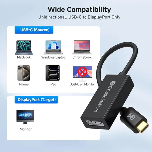 Vista 6 de Cable Matters Adaptador unidireccional USB C a DisplayPort 1.4 de 32.4 Gbps, 4K a 240 Hz, 8K a 60 Hz y soporte HDR, Thunderbolt 4 / USB4 compatible