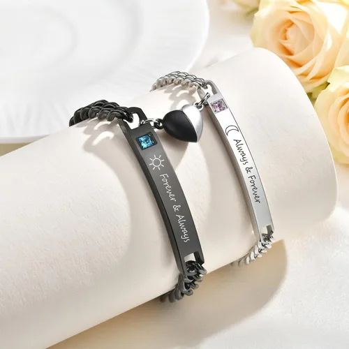 Vista 3 de MEALGUET Pulseras a juego para parejas para hombres y mujeres: juego de pulseras de cadena de eslabones cubanos de acero inoxidable para novio