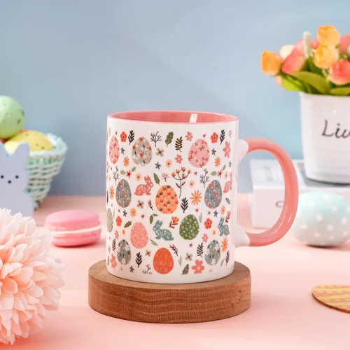 Vista 4 de JarThenaAMCS Taza de té de cerámica con diseño de conejo y huevo de Pascua, taza de café rosa para fiesta de primavera, hogar, escuela, oficina