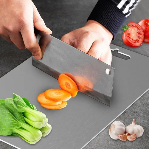 Vista 6 de Tabla de cortar de titanio, tablas de cortar de titanio para cocina, tabla de cortar de acero inoxidable de doble cara, duradera, no tóxica