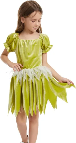 Vista 5 de Disfraz de cuento de hadas para niñas, vestido de hoja de hada, traje de cosplay Pixie, Verde