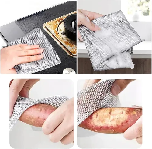 Vista 3 de 5 paños de limpieza de alambre de acero inoxidable de doble capa para cocina No raya, secado rápido, alambre metálico, 7.9x7.9 in, dos capas
