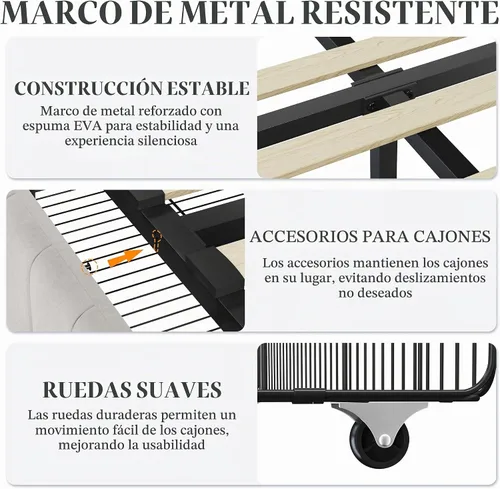 Vista 7 de Yaheetech Bastidor de cama completo con plataforma tapizada con 3 cajones de almacenamiento, gran espacio de almacenamiento/Listones de madera