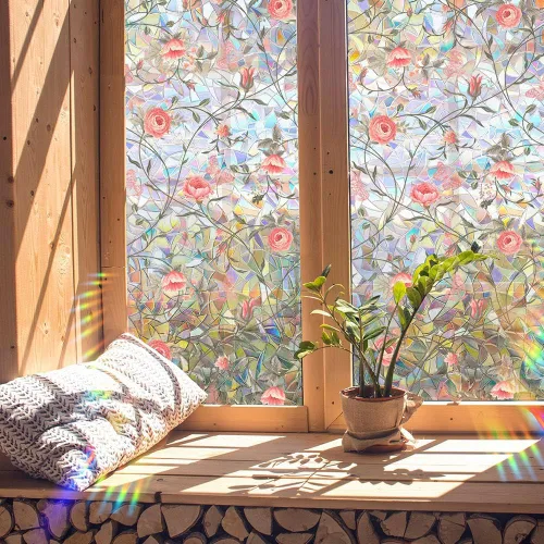 Vista 5 de Película de Privacidad de Ventana de Rosetón Retro, Calcomanías de Vidrio Emplomado Rosa Roja Calcomanías de Privacidad Arcoíris Sala de Estar