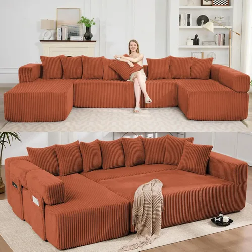 Vista 14 de Sofá grande sin hueso de 125 pulgadas con diván, moderno sofá modular con asiento profundo, sofá tapizado de pana en forma de U para sala de estar