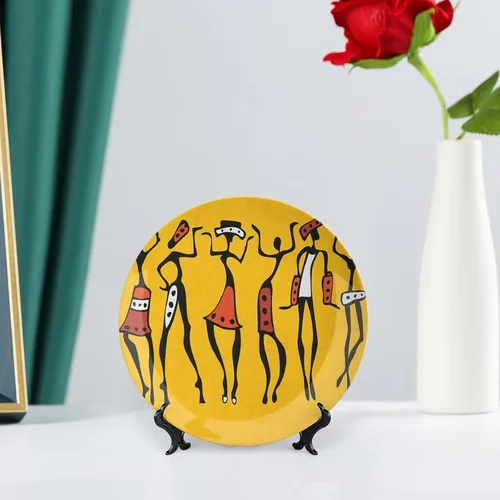 Vista 6 de Platos decorativos, adorno de impresión africana, personajes de bailarines africanos, gráficos felices, 10 pulgadas, decoración de pared de cocina