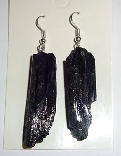 Vista 6 de 1 par de pendientes de piedras preciosas curativas de cristal natural de turmalina negra cruda, Metal