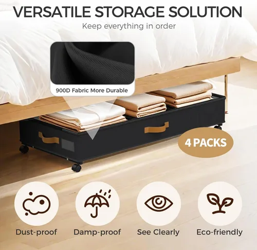 Vista 4 de Almacenamiento Debajo de la Cama con Ruedas Paquete de 4, 75L XXL Contenedores de Almacenamiento Debajo de la Cama Grandes, 30 cm de Alto