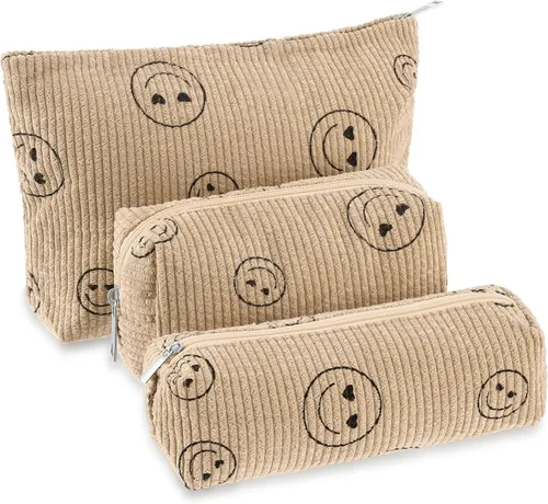 Vista 16 de Huhumy Juego de 3 bolsas de maquillaje para mujeres, bolsa cosmética de pana con sonrisa estética, bolsa de viaje para artículos de tocador, linda