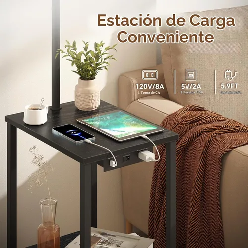 Vista 4 de Lámpara de pie SUNMORY con mesa, mesa auxiliar para sala de estar con lámpara, mesa lateral con estantes y estación de carga (puerto USB y AC)