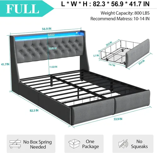 Vista 2 de Base de cama matrimonial tapizada con respaldo alero con 2 cajones de almacenamiento y luces LED
