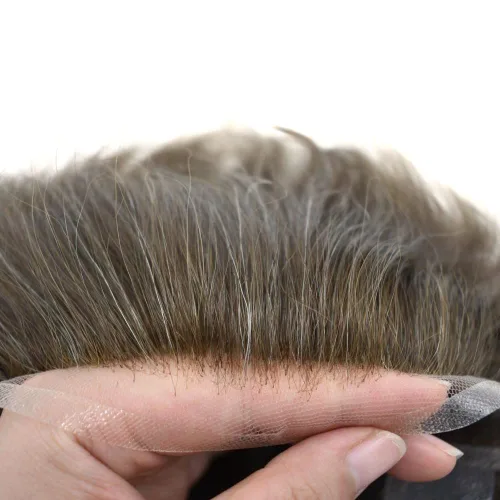 Vista 37 de Toupee para hombres, sistema de reemplazo de cabello humano Remy, nudos blanqueados, encaje frontal, piel fina, para hombre, color gris, pelucas