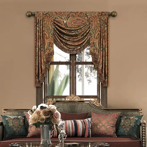 Vista 34 de Loom and Mill Cenefa de cascada de lujo de jacquard para sala de estar, elegantes cenefas de ventana con festones y cuentas damascadas, cortinas