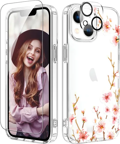 Vista 19 de ZQWY Funda compatible con iPhone 14/iPhone 13, estética transparente con diseño con protector de pantalla, protector de lente de cámara, a prueba