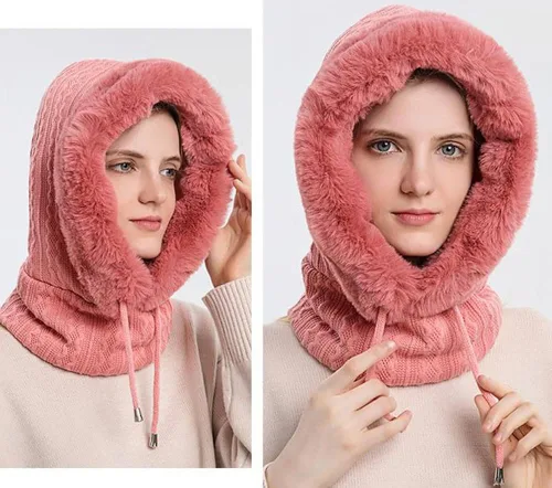 Vista 3 de Gorro de forro polar holgado de una pieza para mujer, bufanda con cordón, cálido, con capucha, pasamontañas de invierno
