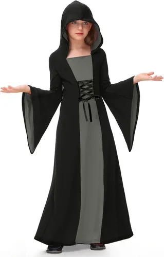 Vista 7 de BesserBay Disfraz de bruja para niñas, vestido de vampiro de Halloween de 5 Negro y Rojo Vestido