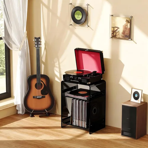Vista 2 de Mesa de tocadiscos de acrílico con estante de almacenamiento, mesa auxiliar transparente mesita de noche (negro, mediano)