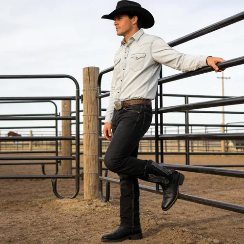 Vista 3 de Jousen Botas Vaqueras para Hombres con Bordado, Botas Occidentales Retro de Punta Cuadrada para Hombre, Botas Vaqueras Para Hombre
