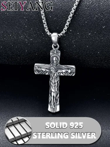 Vista 4 de Seiyang Collar de cruz de plata de ley 925 con colgante de crucifijo Ankh para hombres y mujeres, con cadena Rolo de 0.079 in, 22 pulgadas + 2