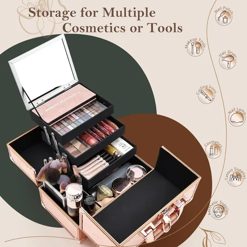 Vista 2 de FRENESSA Estuche de Maquillaje de 11.8 Pulgadas Estuche Organizador de Maquillaje Caja Grande de Cosméticos con Espejo Portátil 3 Bandejas Caja
