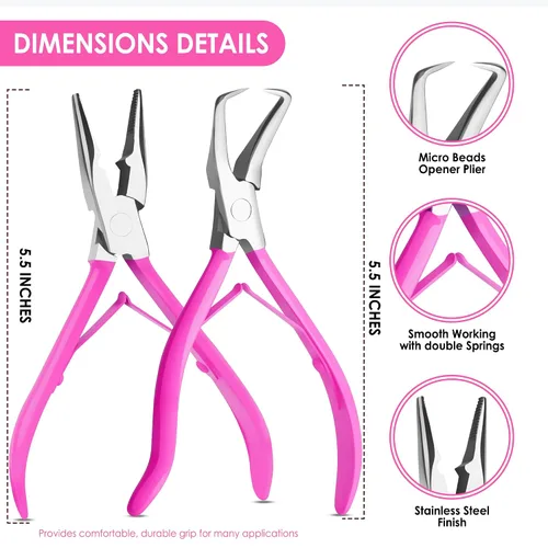 Vista 4 de Beauty & Crafts Herramientas de extensión de cabello, juego de alicates de acero inoxidable para microcuentas, 1 aguja de ganchillo, 1 gancho