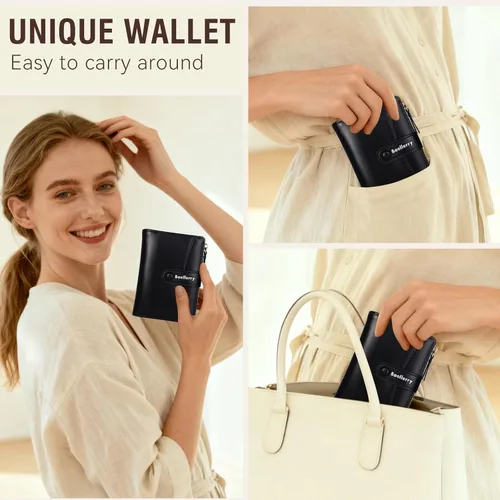 Vista 5 de Cartera pequeña para mujer, billetera de cuero plegable con bloqueo RFID, bolsillo con cremallera, ventana de identificación para mujeres y niñas