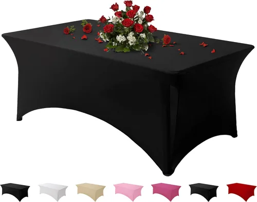 Vista 54 de Famstar Paño de Mesa Negro de 4 Pies de Elastano, Paño de Mesa Ajustado para Mesas Rectangulares, Fundas Elásticas Lavables Sin Arrugas