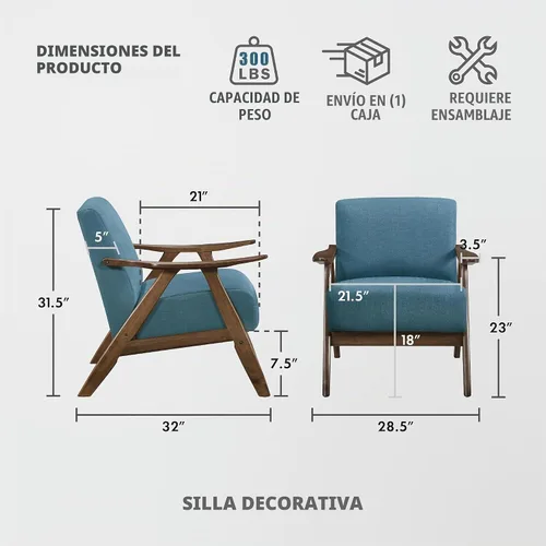 Vista 3 de Lexicon Silla de Acento Moderna de Mediados de Siglo con Marco de Madera Sólida en Acabado de Nogal, Sillón de Descanso con Brazos Tapizado
