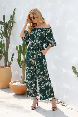 Vista 3 de Love Welove Fashion - Overol para mujer, diseño floral, hombros descubiertos, con volantes, manga corta, cintura alta, pantalones de pierna ancha