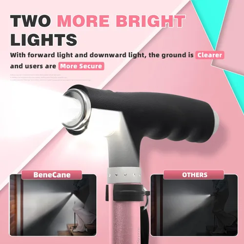Vista 2 de Bastón BeneCane de cuatro puntas con dos luces LED con base grande, mango en T y ligereza, bastón ajustable para caminar de cuatro puntas resistente