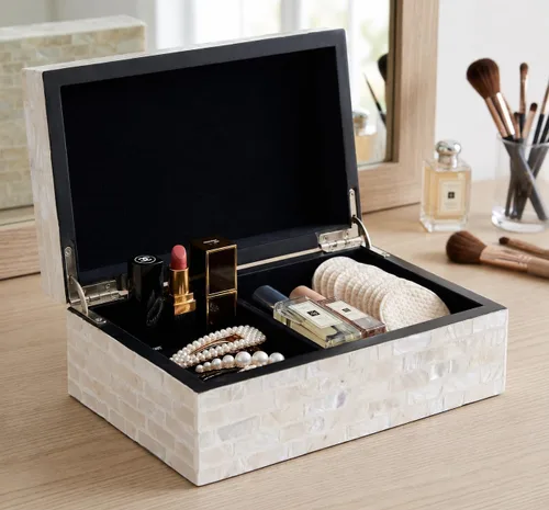 Vista 11 de PEMAR Caja de Joyería de Concha Capiz con Tapas Cofre del Tesoro Rectangular para Recuerdos, Caja de Almacenamiento Decorativa de Madera Nácar