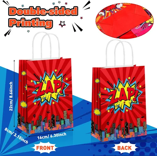 Vista 3 de Pajean 18 bolsas de regalo de fiesta de héroe de cómic, papel de estraza de héroe, bolsas de regalo con asa temática de boom, suministros