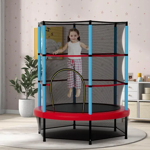 Vista 8 de Goplus Trampolín de 55 pulgadas para niños, cama elástica para niños con red de seguridad, diseño sin costuras, mini rebote recreativo