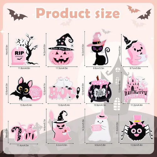 Vista 2 de Whaline 12 imanes rosados de Halloween para refrigerador, calabaza, fantasma, araña, murciélago, nevera, truco, golosina, calcomanías magnéticas