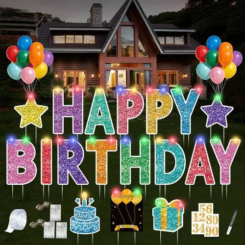 Vista 8 de Letrero de feliz cumpleaños con estacas, 18 piezas de letrero negro de feliz cumpleaños con luz LED de 49.2 pies, letrero grande personalizado