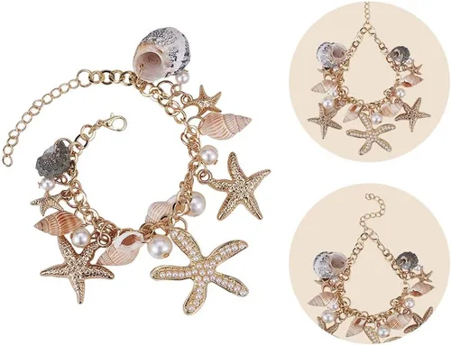 Vista 3 de PH PandaHall Pulseras de concha de estrella de mar, pulsera de perlas de imitación de concha de estrella de mar, pulsera bohemia ajustable de concha