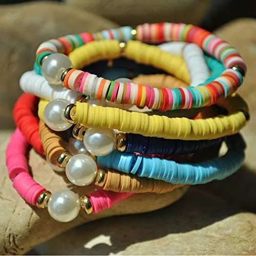 Vista 4 de The Woo's Bohemio Polímero Arcilla Pulsera de Discos Pulsera hecha a mano con cuentas ajustables, cuerda elástica y cuentas multicolores, pulsera
