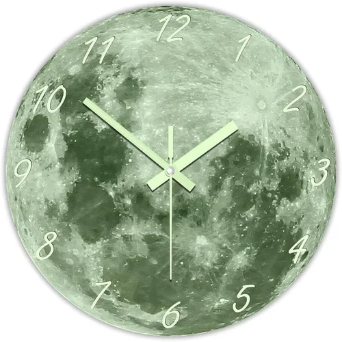 Vista 2 de The Geeky Days Reloj de pared con luna que brilla en la oscuridad para sala de estar, diseño moderno, luminoso, silencioso, sin tictac, decoración