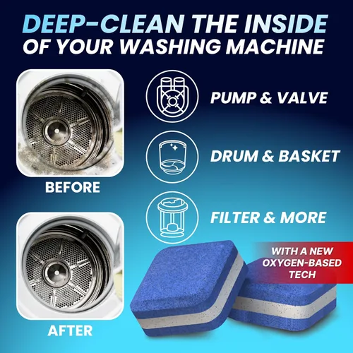 Vista 2 de Tabletas limpiadoras de lavadora para dueños de mascotas - Limpieza profunda de lavadora de carga frontal y superior - Seguro para tanque séptico