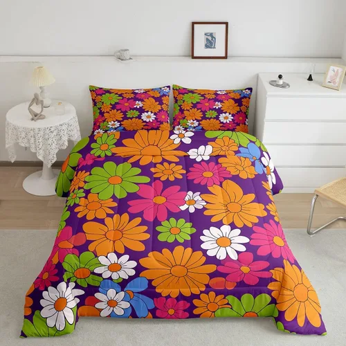 Vista 19 de Juego de ropa de cama con estampado floral bohemio, tamaño individual, diseño retro de flores groovy, 60S y 70S, juego de edredón de flores hippie