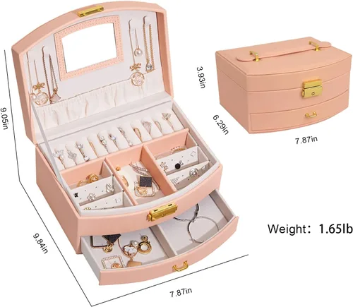 Vista 2 de U-D Cajas organizadoras de joyas para mujer, 2 capas, con bandeja desmontable y cajón (rosa)