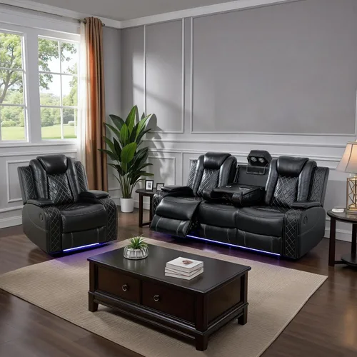 Vista 23 de Juego de sofá reclinable eléctrico para sala de estar, juego de sofá reclinable de cuero con luz LED, soporte para tazas, almacenamiento de consola