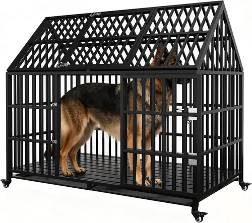 Vista 8 de Jaula de perro de 54 pulgadas resistente e indestructible con alfombrilla, jaula canina con ruedas bloqueables a prueba de fugas, puerta doble