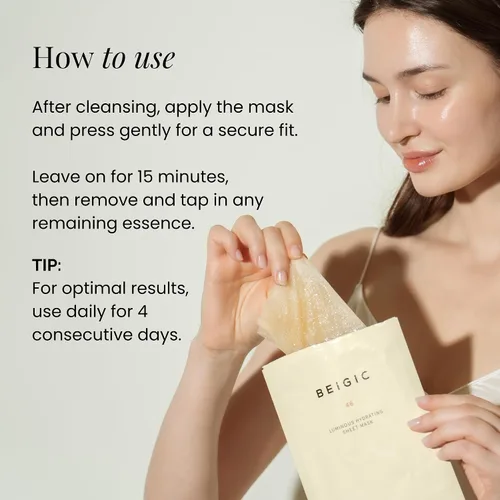 Vista 6 de BEIGIC Máscara hidratante luminosa en láminas, paquete de mascarilla hidratante y reafirmante vegana con péptidos, vitamina C y niacinamida