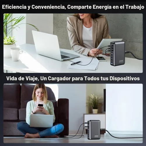 Vista 5 de Cargador USB C de 200 W, estación de carga rápida Gan de 8 puertos, adaptador de carga para laptop PD de 65 W compatible con MacBook Pro/Air, DELL